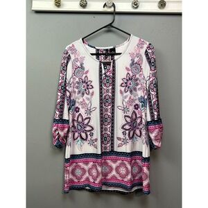 New Directions Womens Paisley Floral Tunic Top Pink Teal Silver Bar Size M